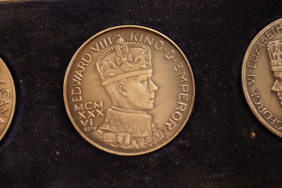 British Royal commemorative Medals, a set of three fantasy medals commemorating the silver jubilee of George V and Mary, coronation of Edward VIII and coronation of George VI and Elizabeth, cased